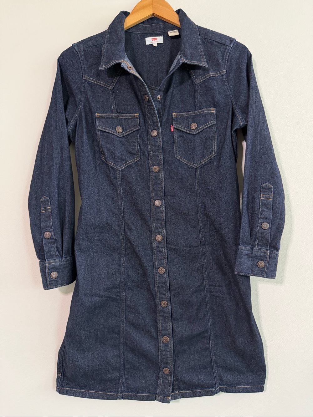 Levi's Dark Denim Button Contrast Stitch Western Cowgirl Rodeo Mini Dress Medium